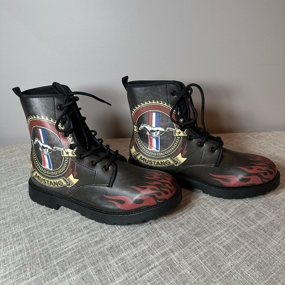 unknown Shoes Ford Mustang Combat Boots Flames Custom Biker Boots